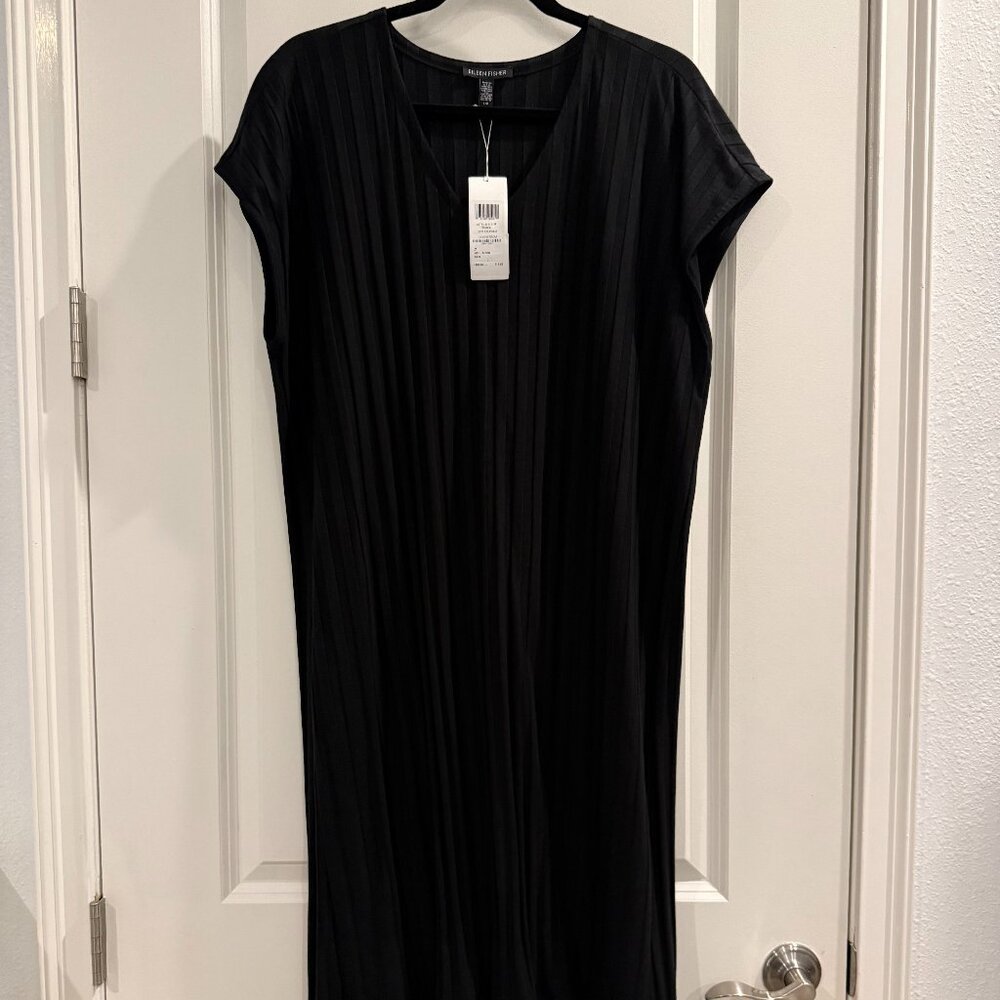 Eileen Fisher Black V-neck stripped knit dress